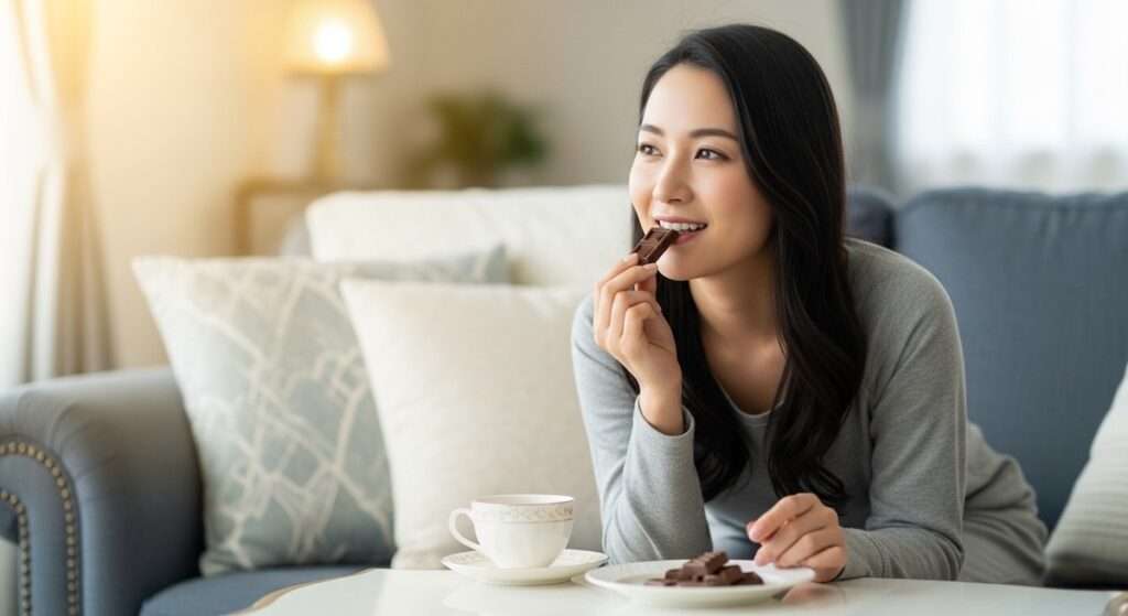 ソファに座りリラックスしてチョコを食べる