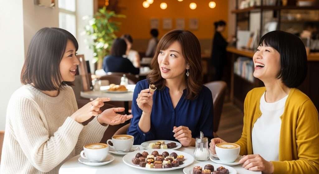 チョコをシェアする3人の女性