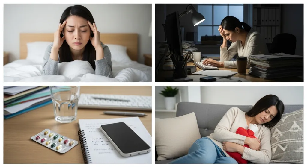 寝不足の女性・残業している女性・抗生物質・生理痛の女性