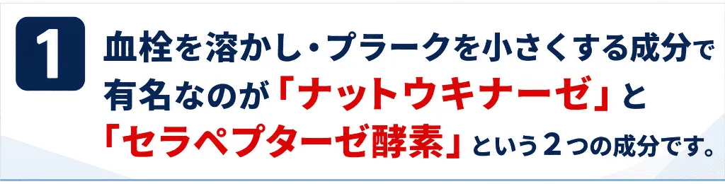 1、血栓を溶かし・プラークを小さくする成分で有名なのが「ナットウキナーゼ」と「セプラプターぜ酵素」という2つの成分です。