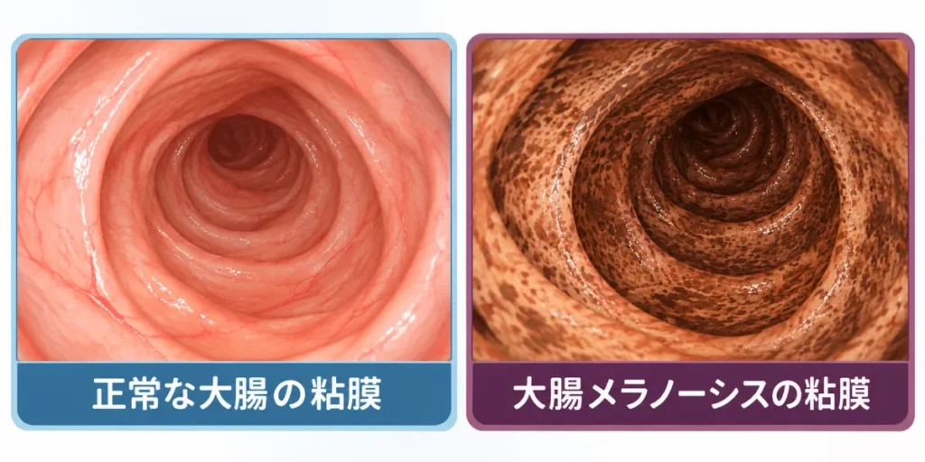 正常な大腸の粘膜と大腸メラノーシスの粘膜の比較