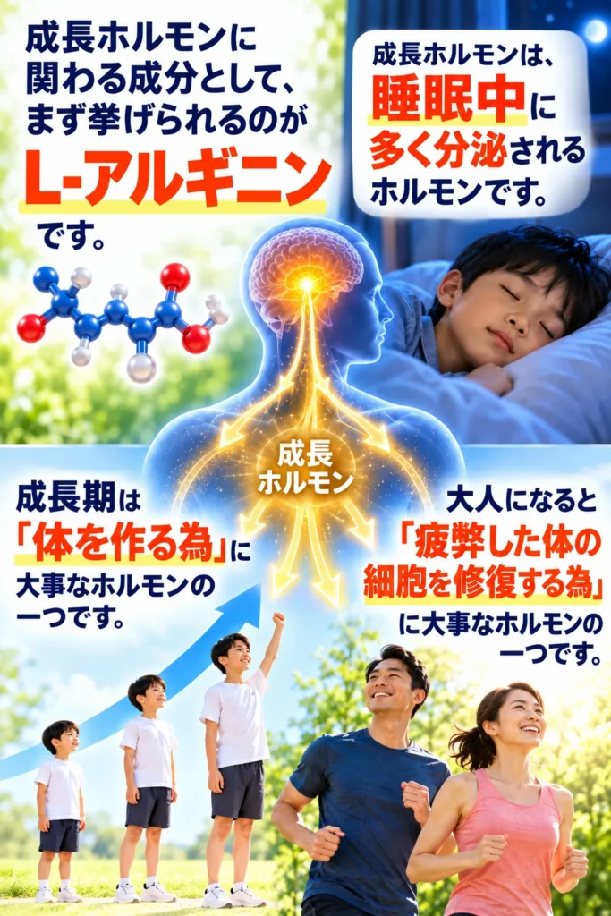 成長ホルモンに関わる成分としてまず挙げられるのがL-アルギニンです。成長ホルモンは睡眠中に多く分泌されるホルモンです。
成長期な体を作る為に大事なホルモンの一つです。
大人になると疲弊した体の細胞を修復する為に大事なホルモンの一つです。
