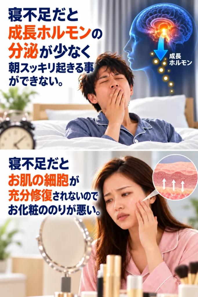 寝不足だと成長ホルモンの分泌が少なく朝スッキリ起きる事ができない。
寝不足だとお肌の細胞が十分修復されないのでお化粧ののりが悪い。