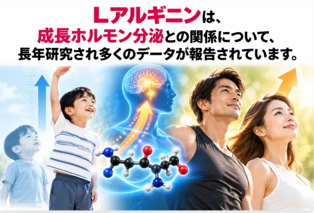 L-アルギニンは、成長ホルモン分泌との関係について、長年研究され多くのデータが報告されています。