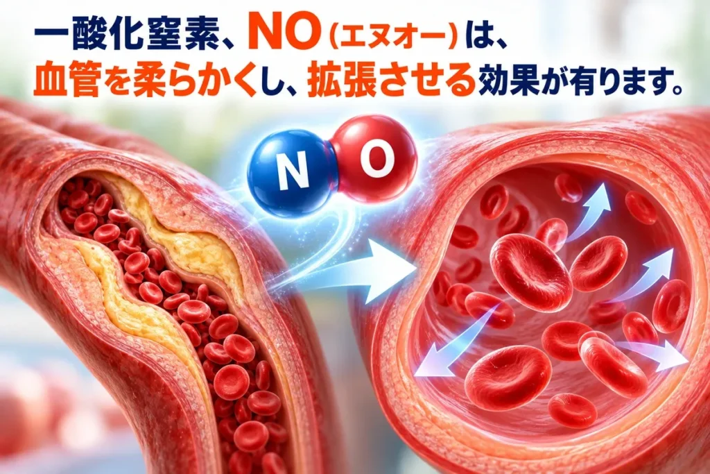 一酸化窒素、NO(エヌオー)は、血管を柔らかくし拡張させる効果があります。