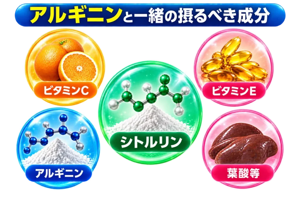 アルギニンと一緒のとるべき成分はビタミンCビタミンE、アルギニン、シトルリン、葉酸等